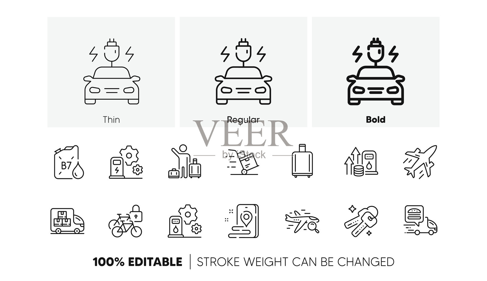 飞机、充电站和自行车储物柜线条图标。用于网页应用和印刷。线条图标。矢量。插画图片素材