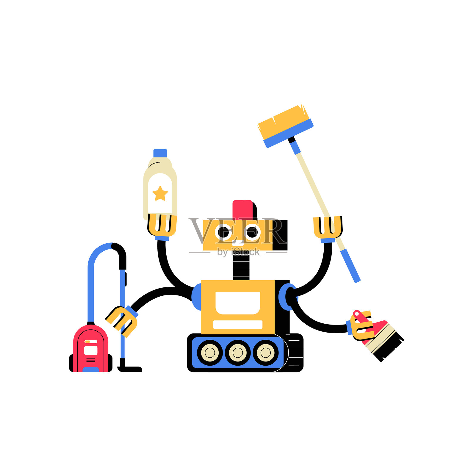 清洁机器人手持各种清洁工具的扁平矢量插图,象征着自动清洁、家庭维护和智能科技,背景为白色。插画图片素材