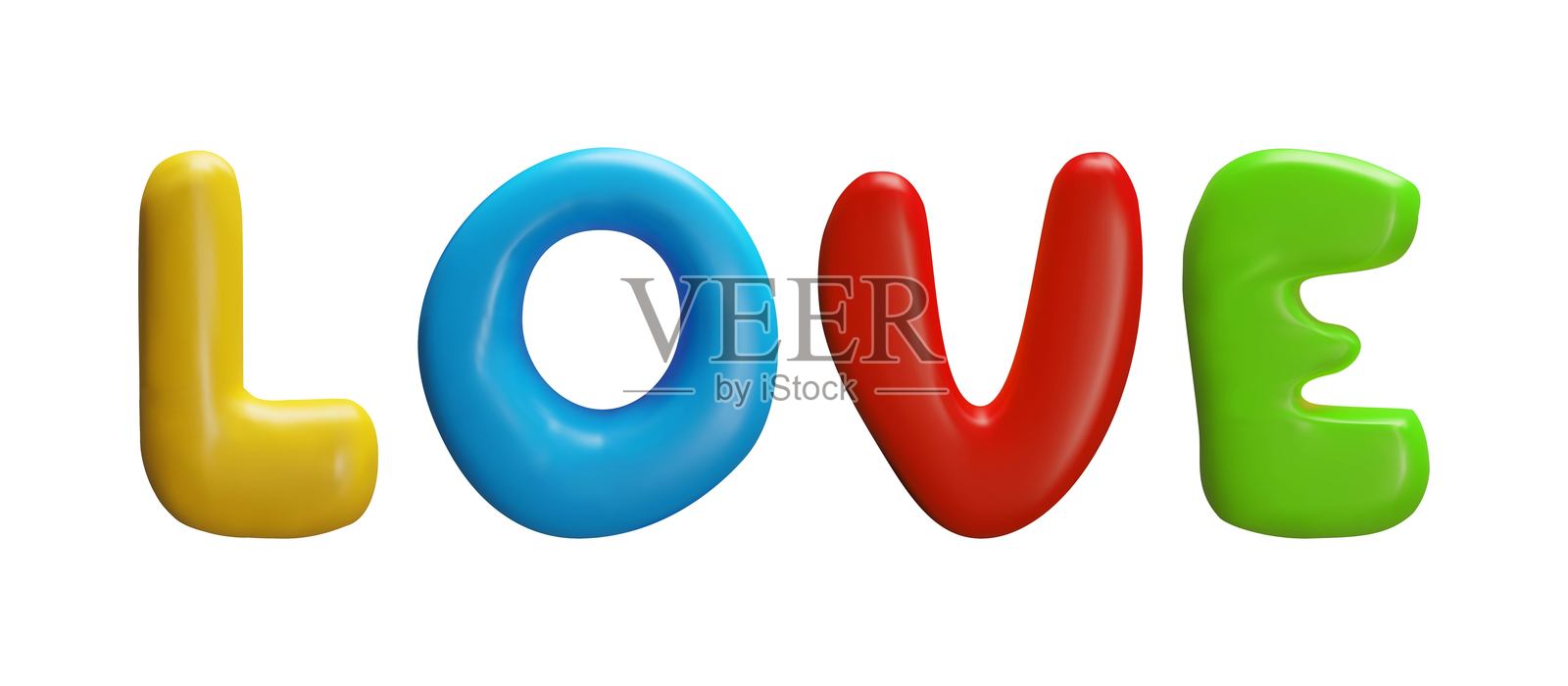 逼真的3D光泽多彩大写字母“LOVE”,来自塑料泥质感的浪漫文字矢量体积排版插画图片素材