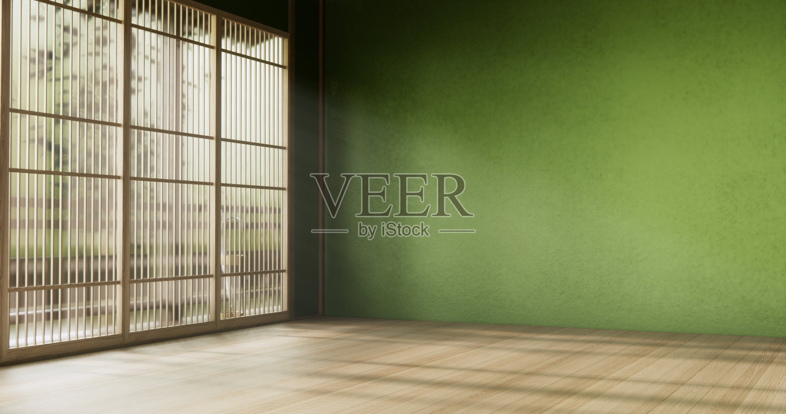侘寂风格的绿色日本室内生活空间,3D渲染图照片摄影图片