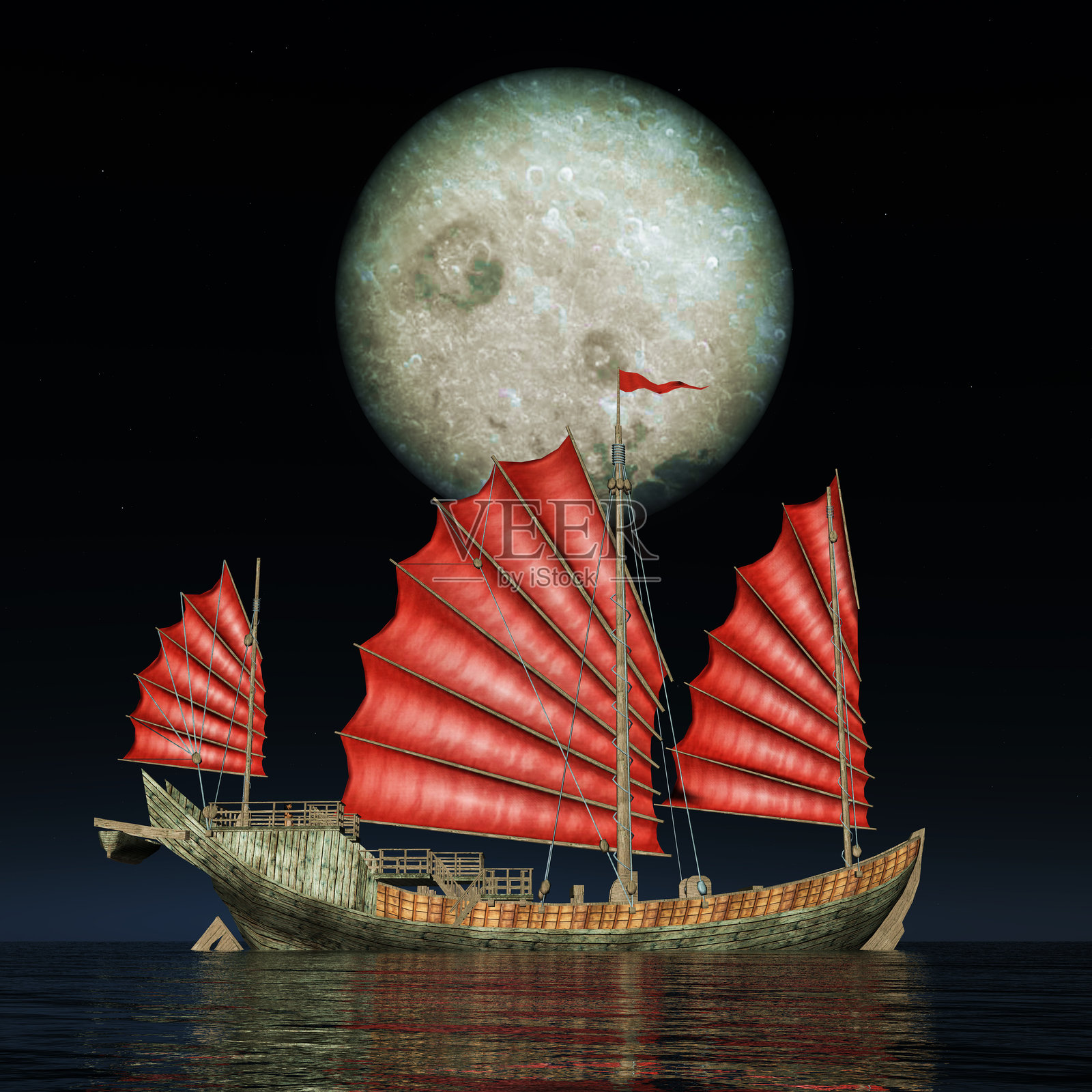 夜晚的满月与中国帆船照片摄影图片