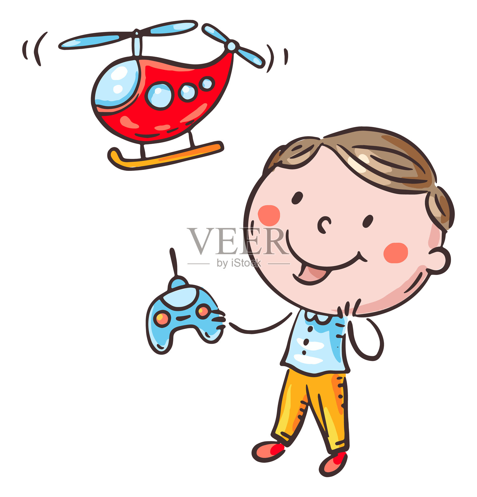 卡通男孩玩玩具直升机。涂鸦孩子使用电子设备,儿童与数字科技。插画图片素材