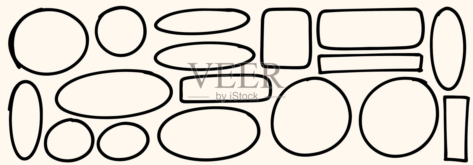 一组黑色圆形、椭圆形和矩形框架。手绘高亮圆圈。黑色马克笔集合。磨损的椭圆形和矩形边框。矢量插图。插画图片素材
