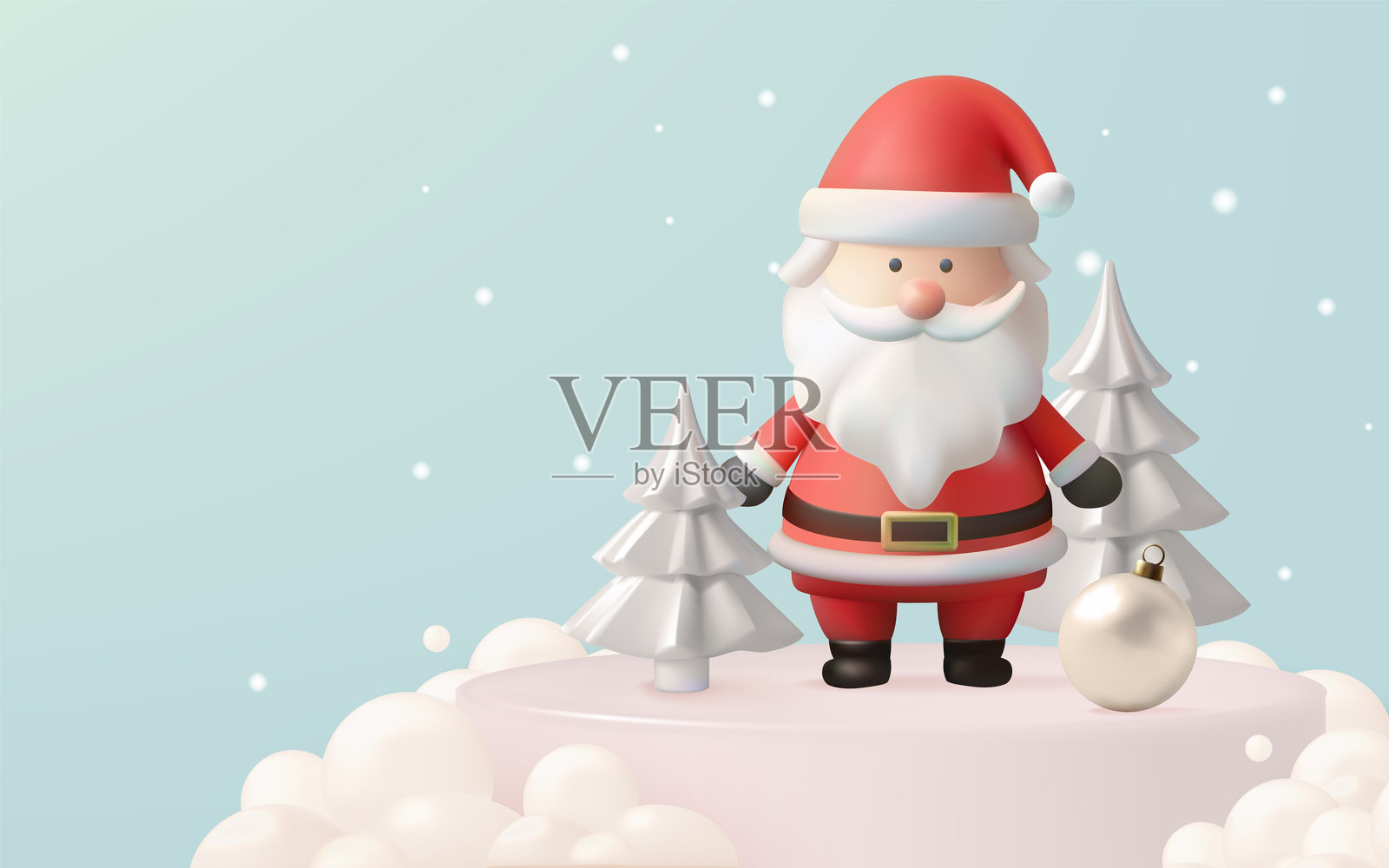 快乐的圣诞老人和雪白仙境中的圣诞树与装饰球插画图片素材