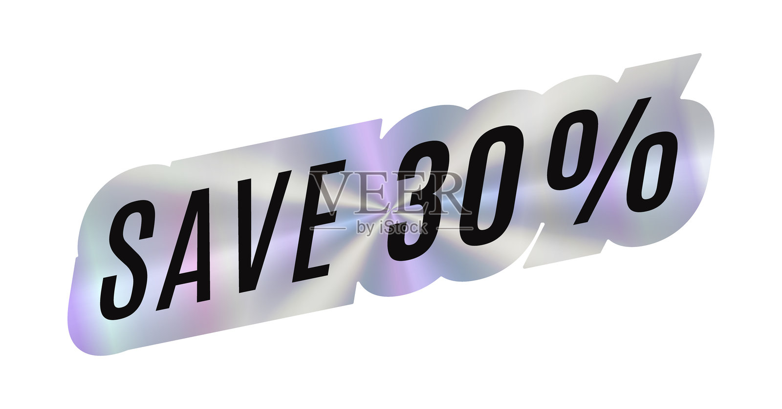 节省30%的全息贴纸。全息效果引人注目的促销,突出闪亮背景上的折扣。生动的标志与粗体字。非常适合吸引寻找优惠的购物者。插画图片素材