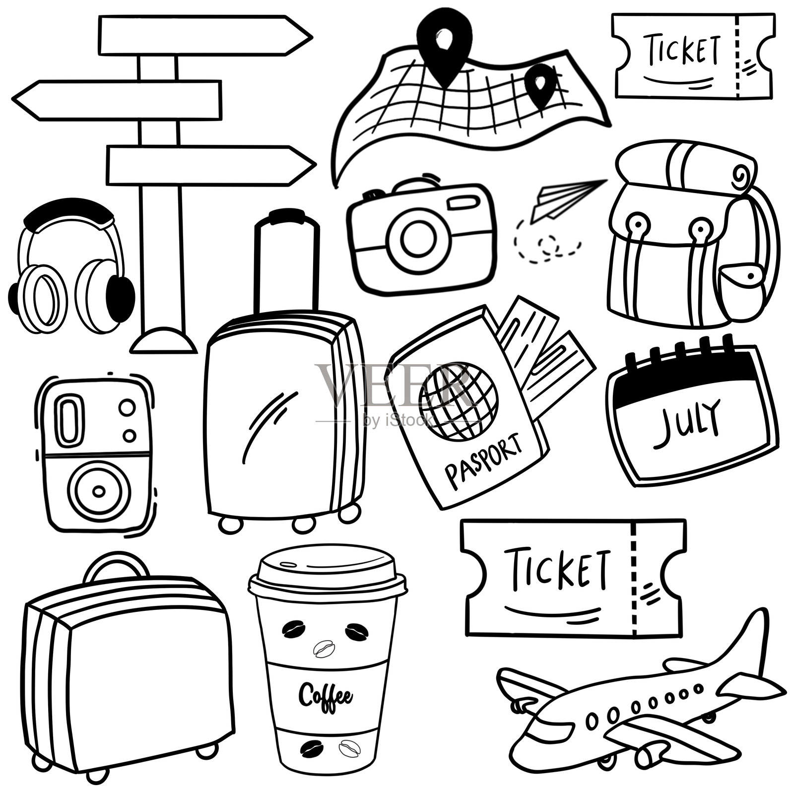 手绘旅行涂鸦套装,夏季涂鸦贴纸套装。热带海滩度假剪贴收藏。飞机、机票及其他旅行元素。插画图片素材
