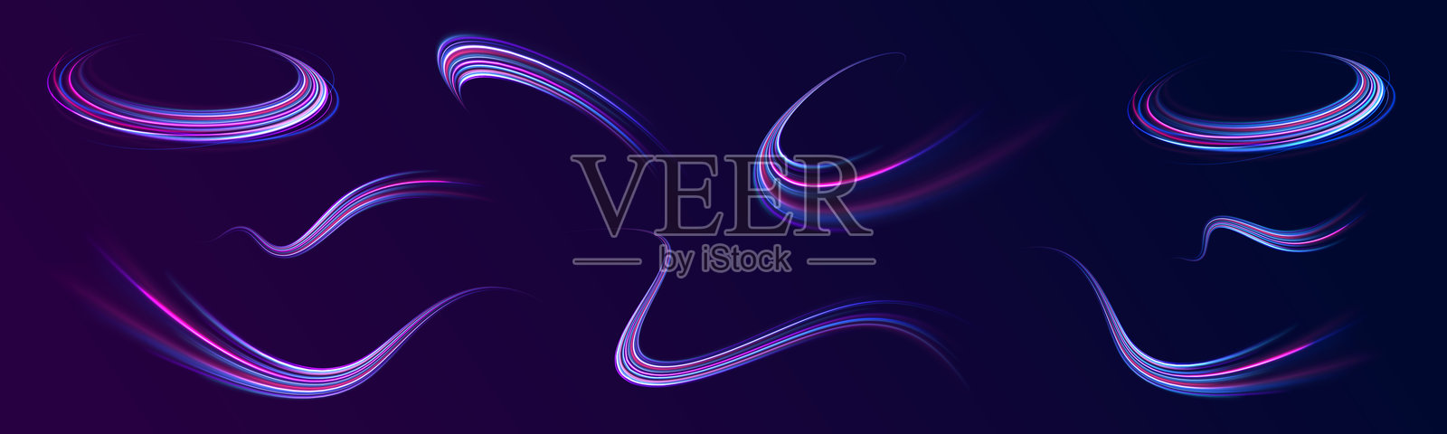 在黑暗背景下呈彗星形状的光线。高速概念的插图。用于横幅的运动光效。快速行驶的汽车。向上延伸的弯曲光轨。插画图片素材