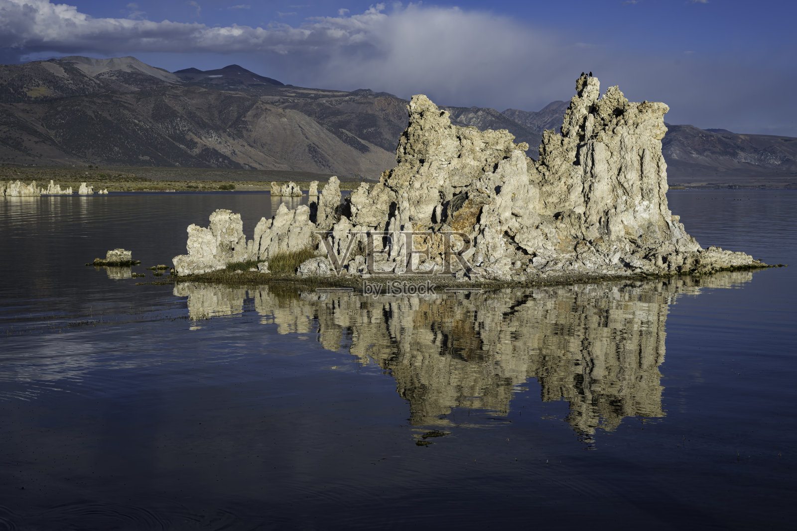 莫诺湖边缘的石灰华塔;莫诺湖石灰华州立保护区;莫诺盆地国家风景区;莫诺盆地;莫诺盆地国家森林风景区。碳酸钙的石灰岩塔。莫诺湖石灰华。照片摄影图片