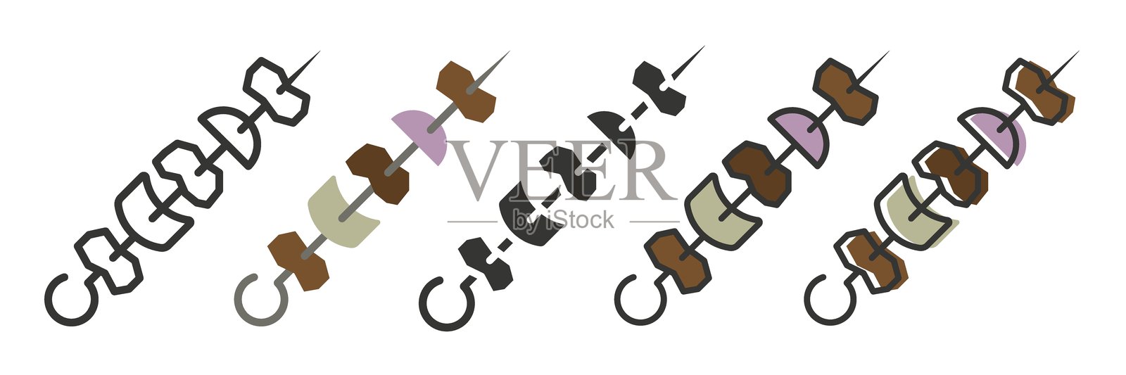 不同风格的串烧肉。肉串组合。适合您的厨房。串在串上的串。插画图片素材