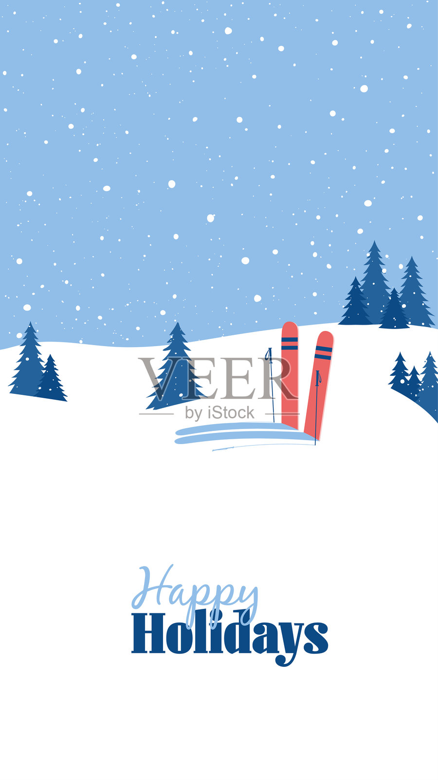 节日快乐。竖版圣诞贺卡。寒冷季节庆祝的问候语。冬日。非常适合横幅、壁纸。让我们下雪。雪地滑雪。圣诞快乐,新年快乐。插画图片素材
