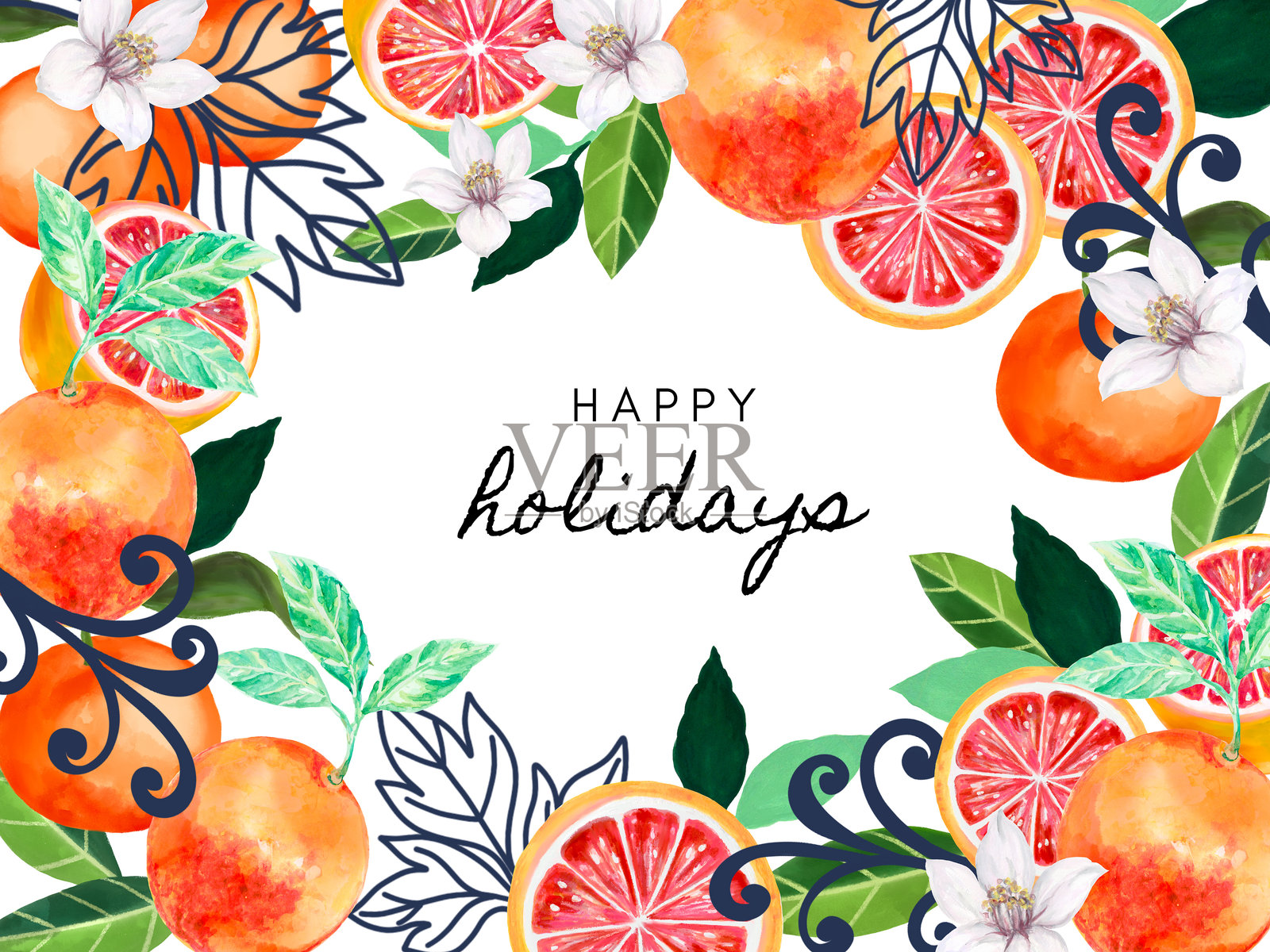 蓝色叶子、葡萄柚花朵及叶子的设计,适用于婚礼派对框架、横幅、花束边界和邀请插图。插画图片素材