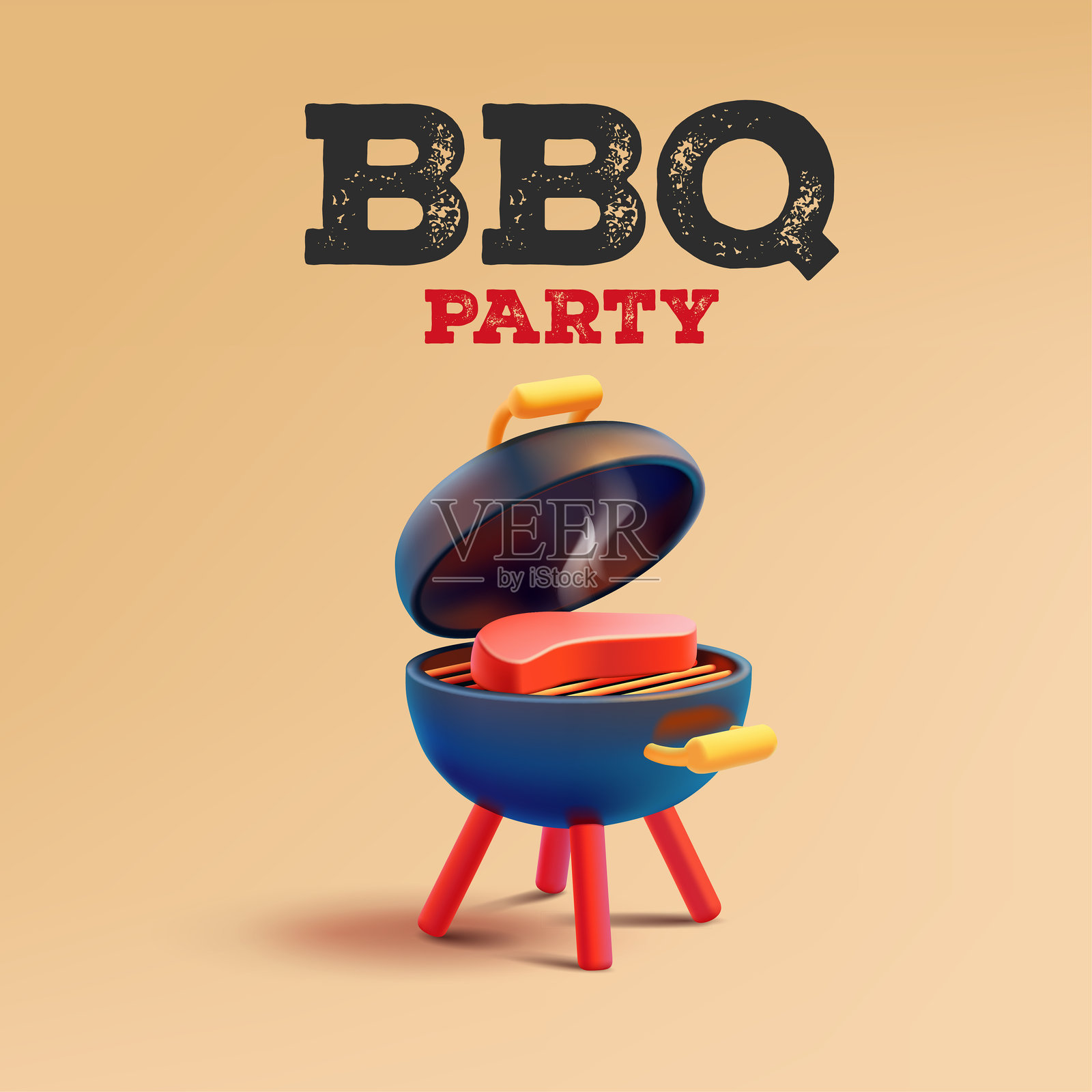 夏季烧烤派对。3D开放式烤架上有肉和烟雾。街道上的庆祝活动。烹饪美味食物。在大自然中休息。矢量插图。插画图片素材