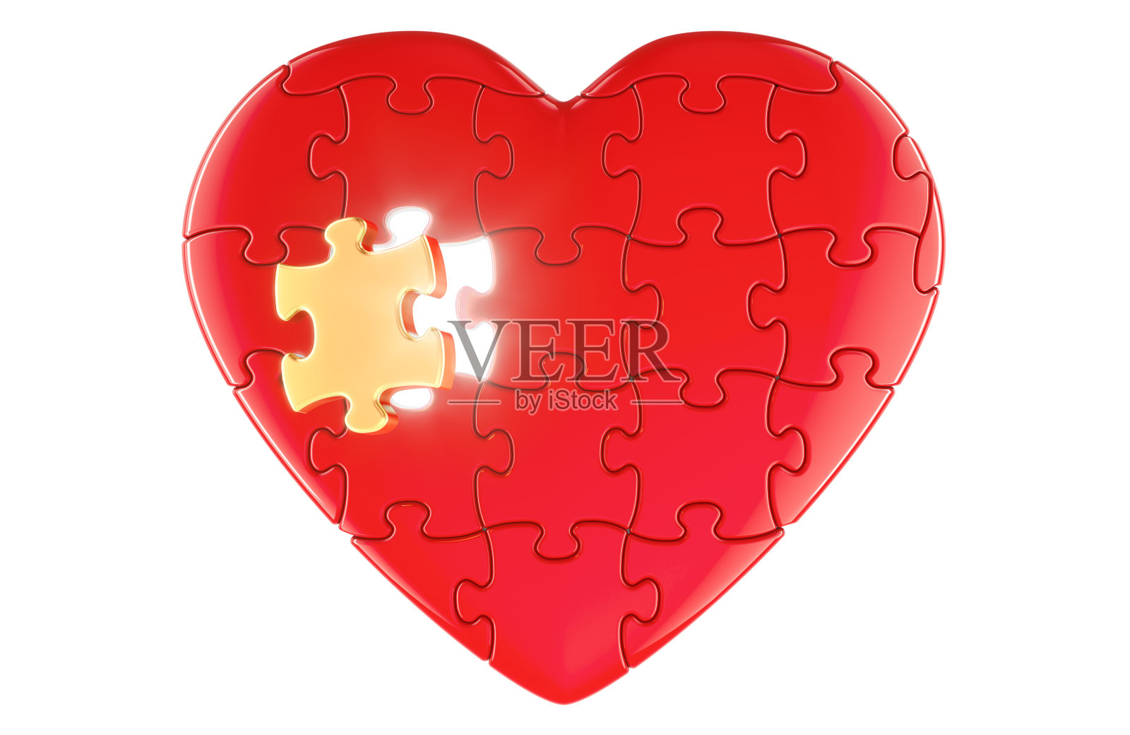 没有一块金色拼图的红色心形,内部有光,3D渲染照片摄影图片