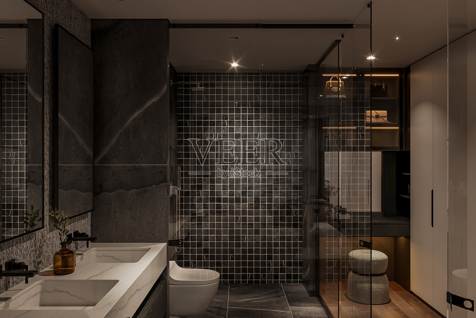 奢华现代浴室,配有深色瓷砖和双洗手台照片摄影图片