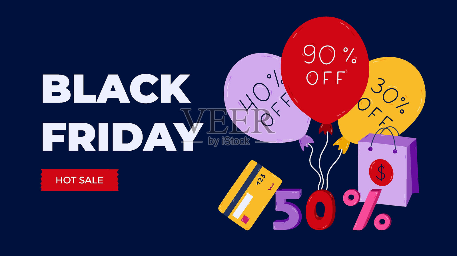 黑色星期五的横幅,简约风格,气球上标有折扣,卡通包裹,50%优惠和银行卡。手绘插图的超级折扣概念,适用于海报、背景和媒体。插画图片素材