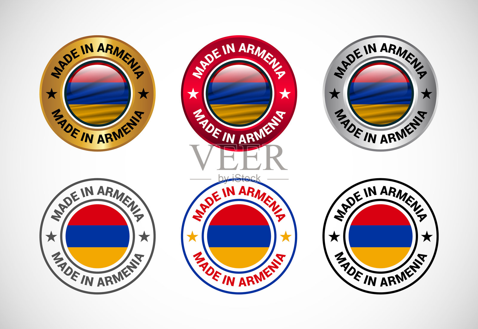 亚美尼亚制造标签图标,带有国旗。适用于商业、徽章、印章、贴纸、标志和符号的图标集。插画图片素材