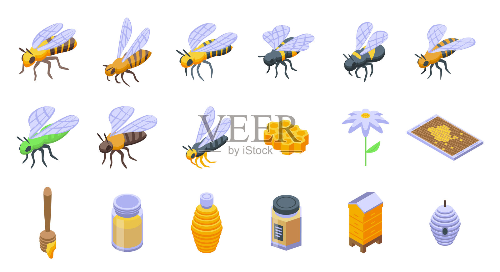 等距向量蜜蜂图标集。嗡嗡飞行插画图片素材