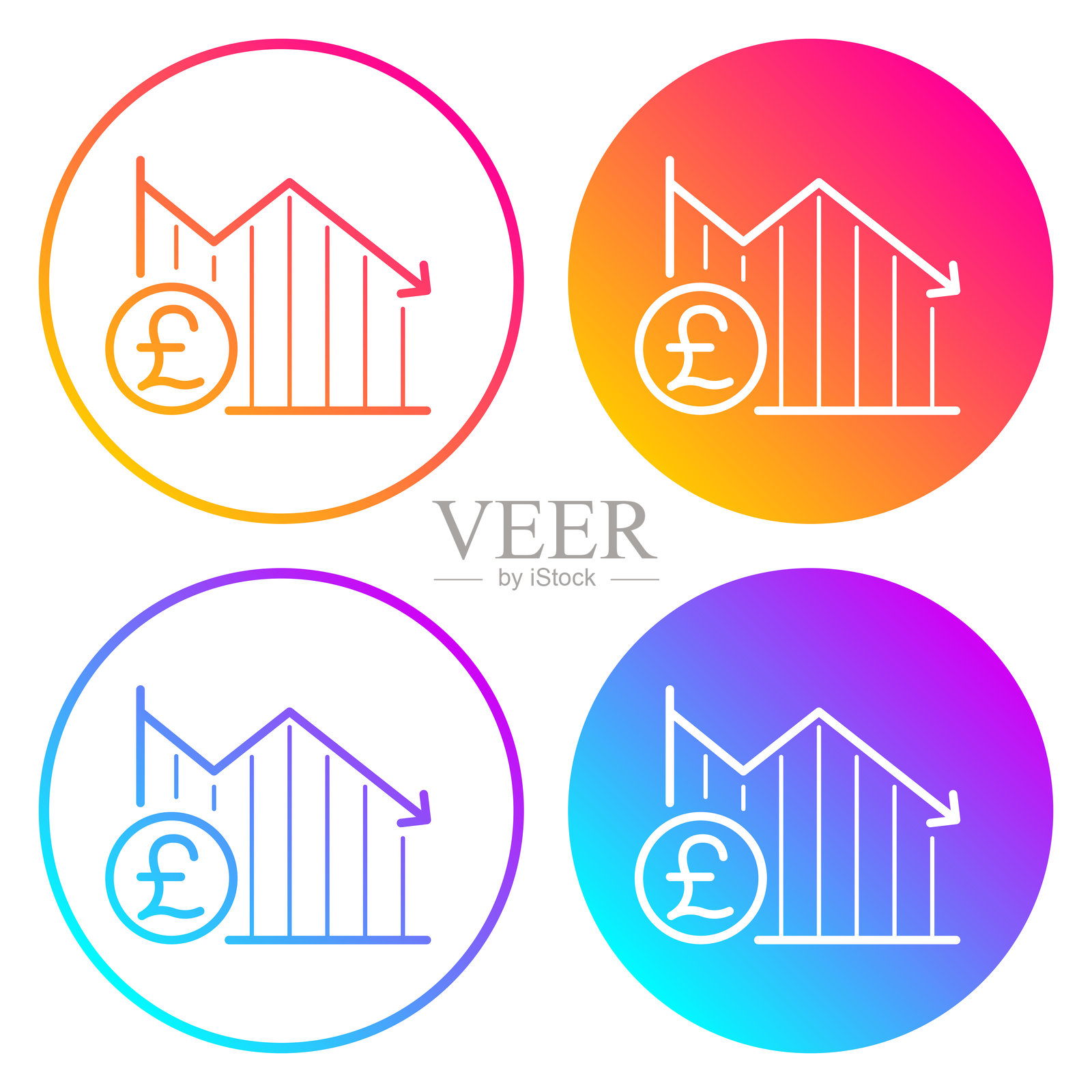 下降的图表与英镑硬币。带有颜色渐变的圆形图标插画图片素材
