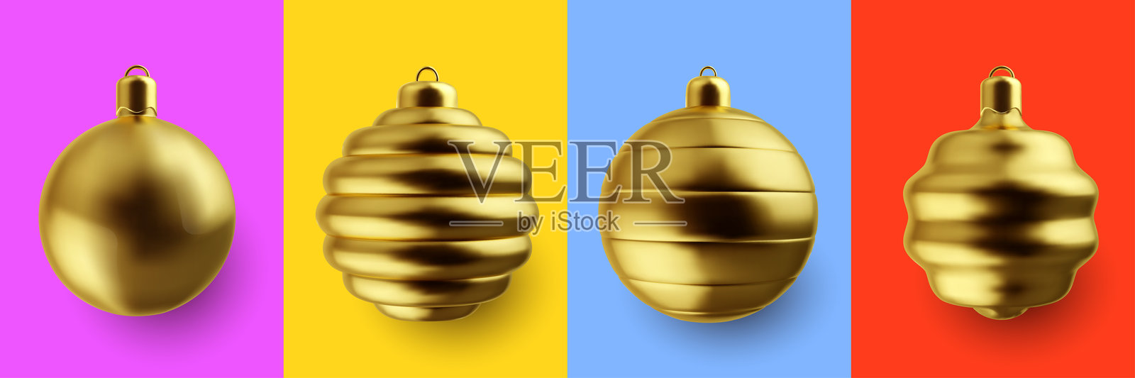 逼真的3D矢量圣诞玩具,孤立在彩色背景上。由不同材料制成的明亮节日金色装饰新年元素组合。插画图片素材
