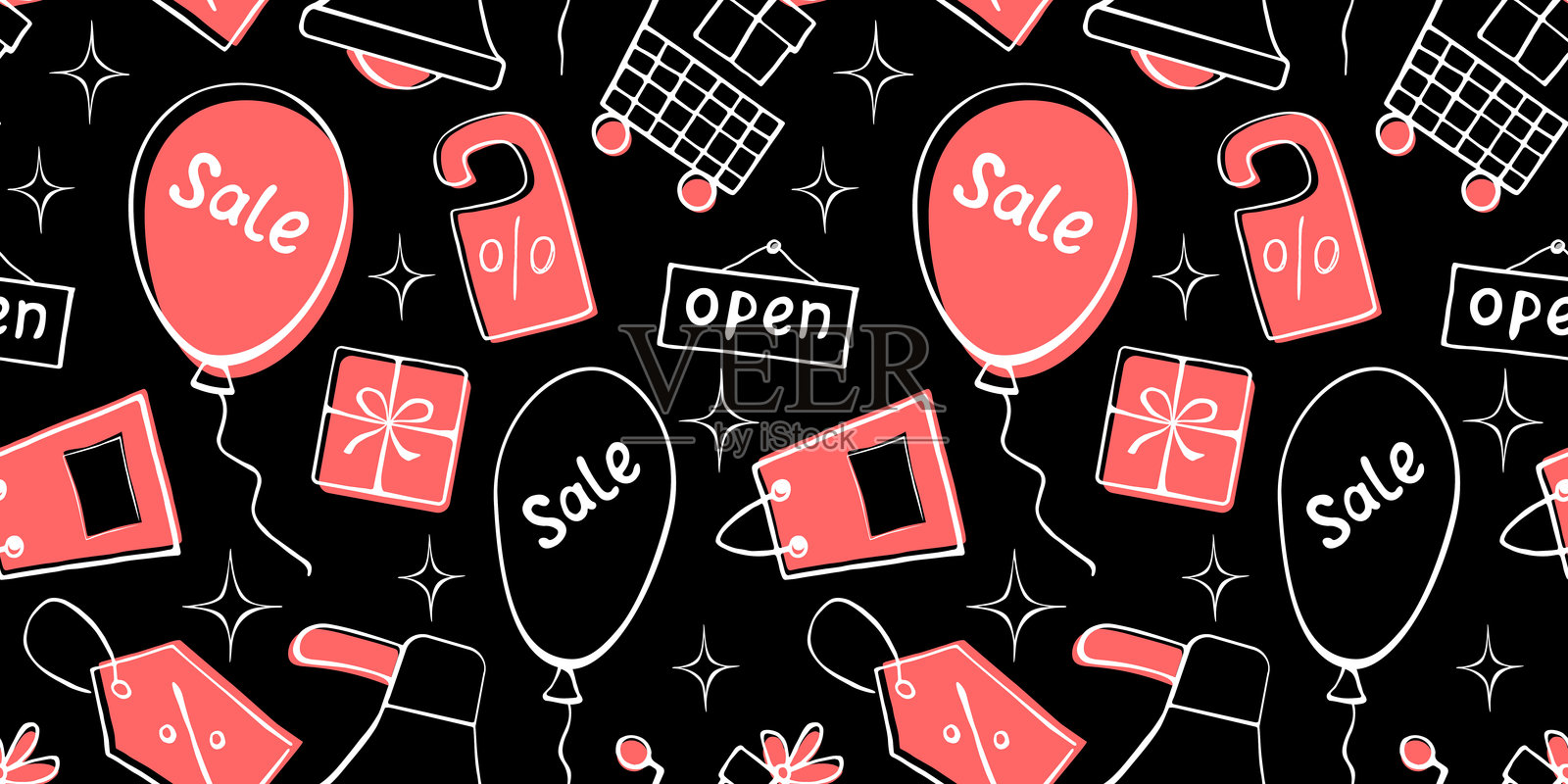 与购物、黑色星期五、促销和销售相关的简单矢量无缝图案。适用于礼品纸、装饰和印刷的无尽背景。插画图片素材