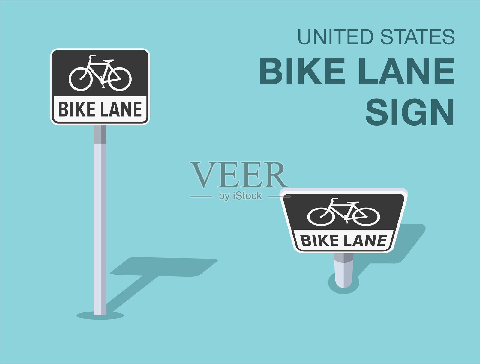 交通规则标志。孤立的美国“自行车道”路标。正面和顶部视图。矢量插图模板。插画图片素材