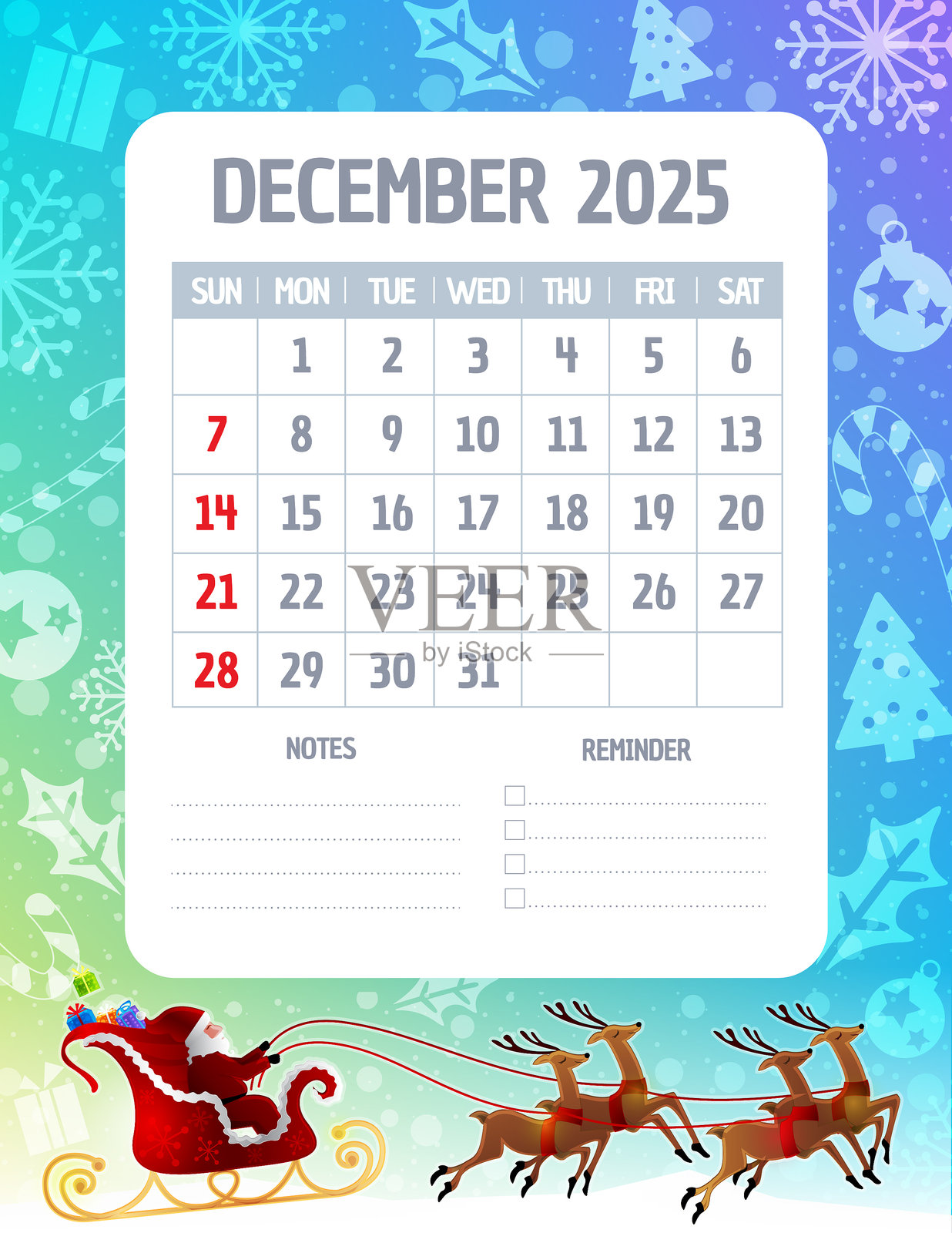 五彩缤纷的2025年12月日历插画图片素材