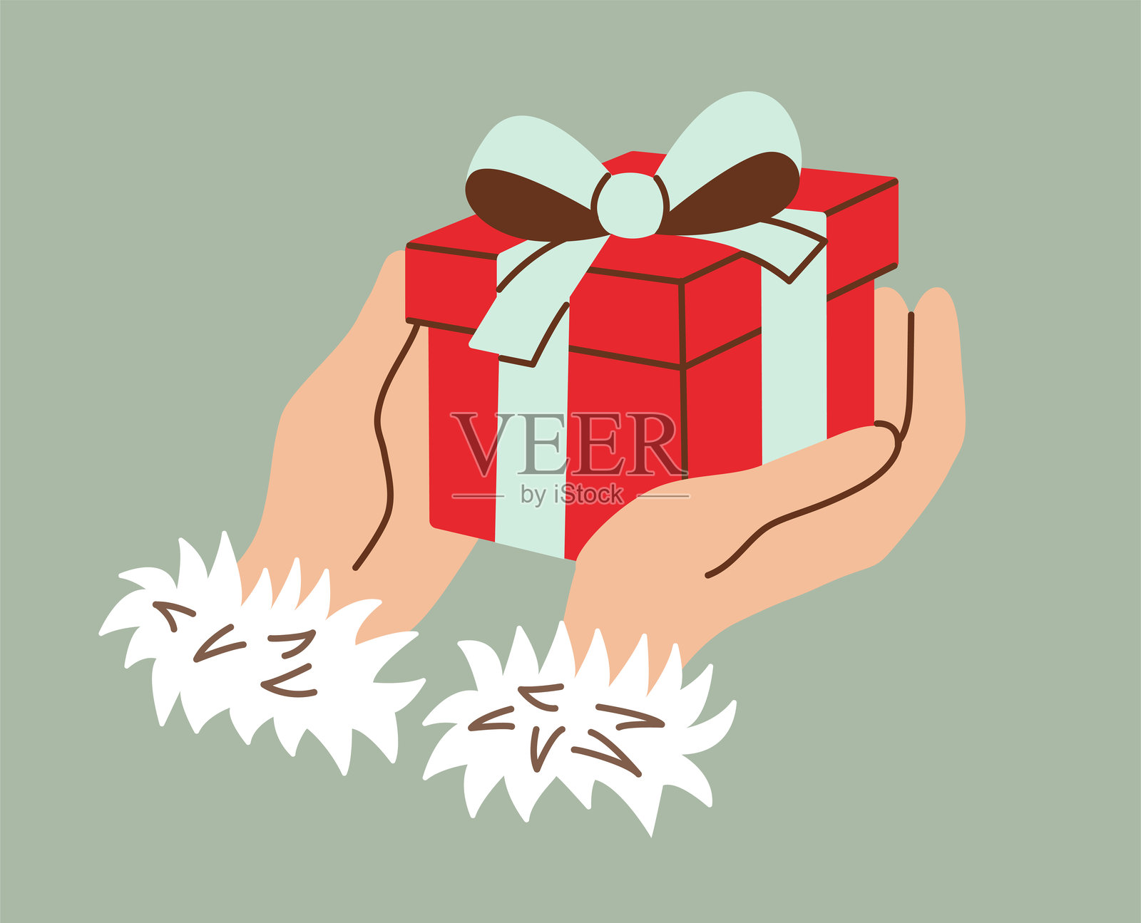 手握红色礼品盒,系着蓝色丝带,带有毛绒袖口,营造节日冬季氛围。极简扁平风格插图,完美适用于节日主题设计和庆祝活动。插画图片素材