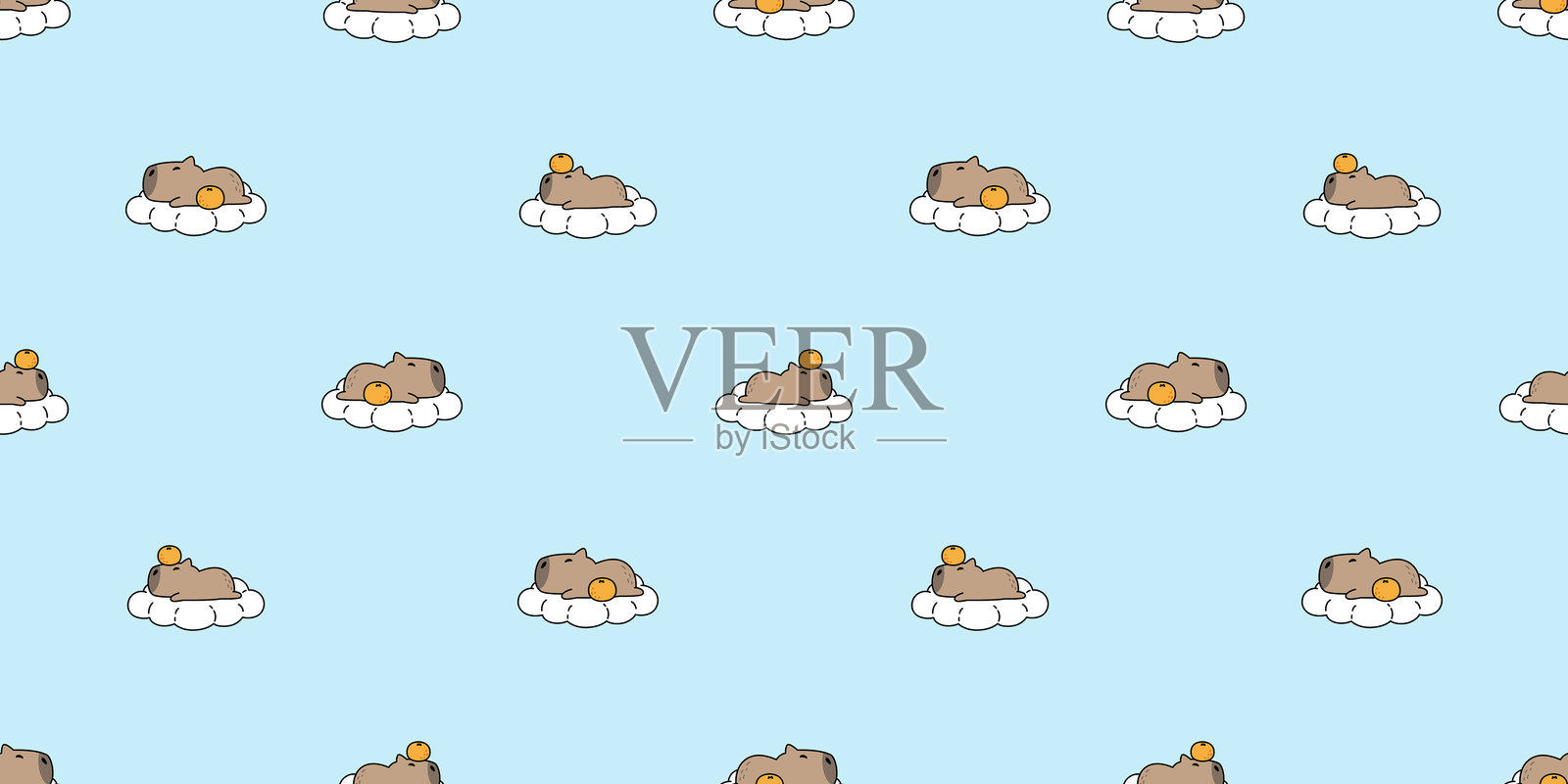 水豚无缝图案,睡觉的云朵,橙色,矢量,宠物卡通涂鸦,南美动物,礼品包装纸,瓷砖背景,重复壁纸插图,围巾独立设计插画图片素材