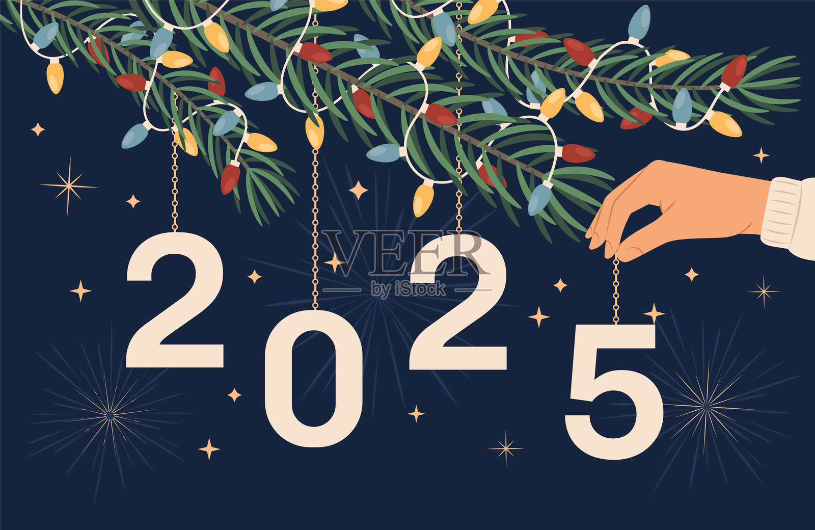 手绘节日贺卡,包含新年平面插图。圣诞快乐和新年快乐的模板贺卡、邀请函、海报。插画图片素材