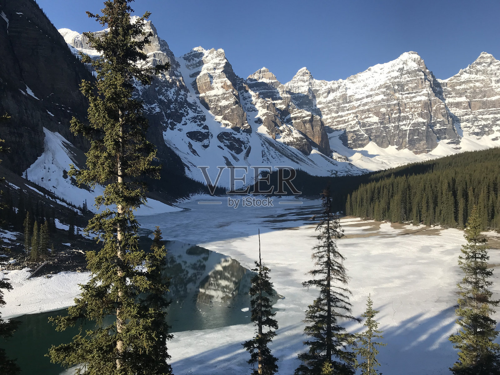春季班夫国家公园的冰川湖解冻照片摄影图片