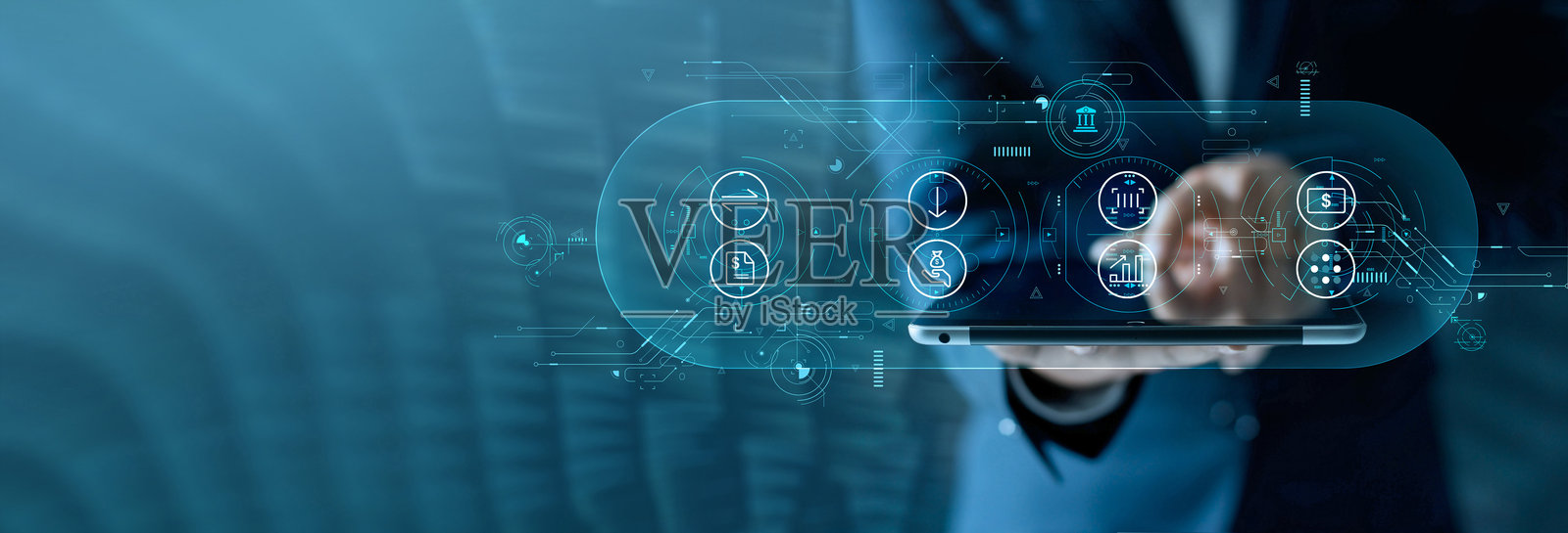 商人使用平板电脑进行在线银行和支付,数字营销。金融和银行网络。在线购物和客户网络连接图标,网络安全。商业科技。照片摄影图片