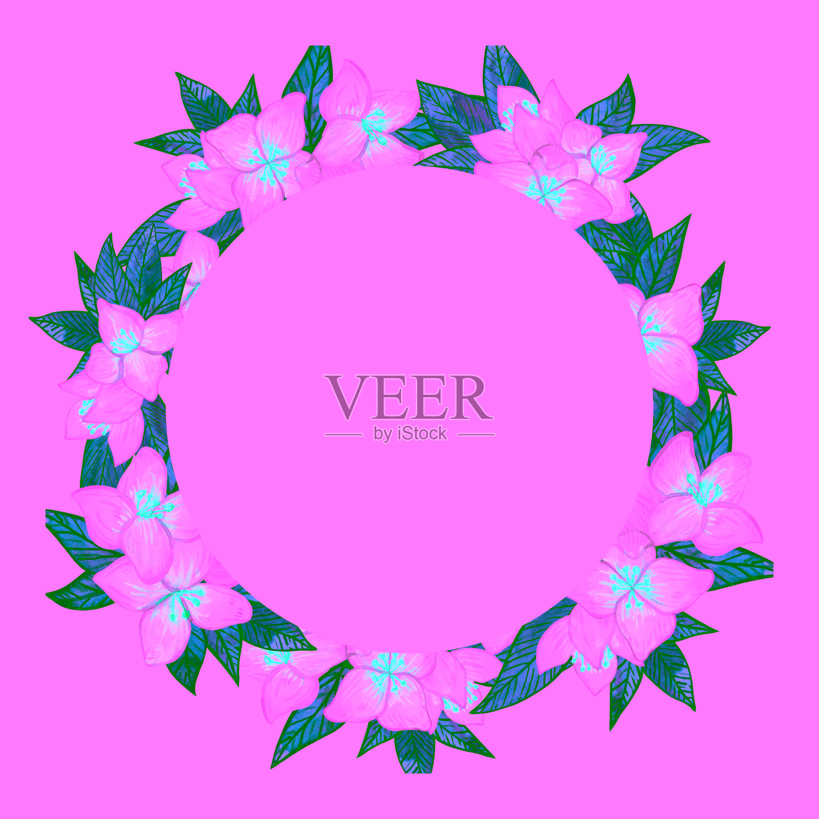 白色花朵和鲜艳绿色叶子的茉莉花。由花蕾、叶子和绿植组成的花环。春夏季节的植物水彩圆环,背景为白色。插画图片素材