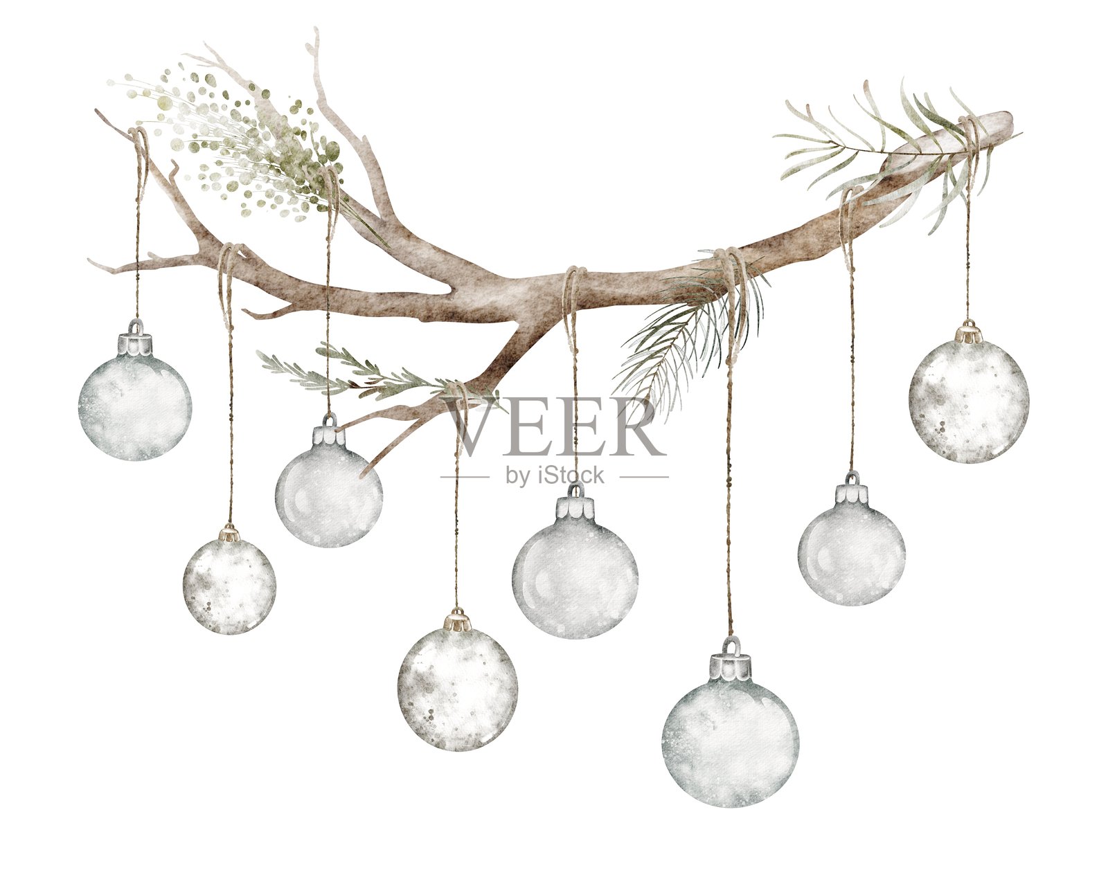 水彩圣诞干枝与悬挂球体,孤立在白色背景上插画图片素材