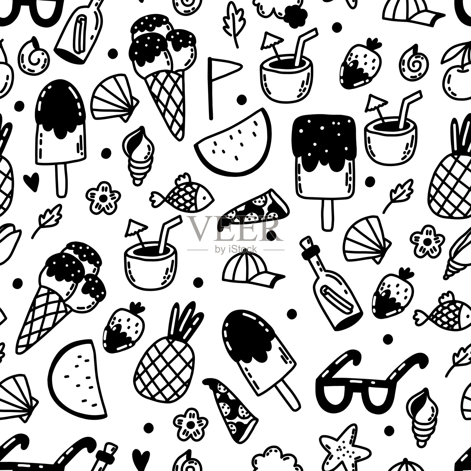 无缝背景矢量夏季套件。夏季海滩假期。假日。手绘涂鸦插图。适用于餐巾、桌布、纺织品、儿童房间、包装、服装的图案。插画图片素材