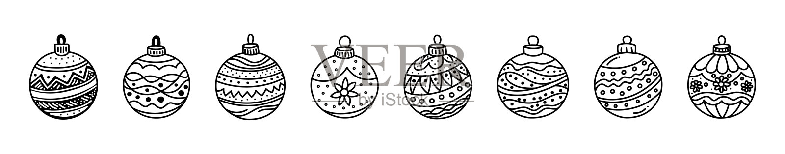 一组黑色轮廓的各种圣诞装饰品,具有独特的图案和设计,背景为白色。节日装饰、彩球、节日着色、圣诞球、手工模板的概念。插画图片素材