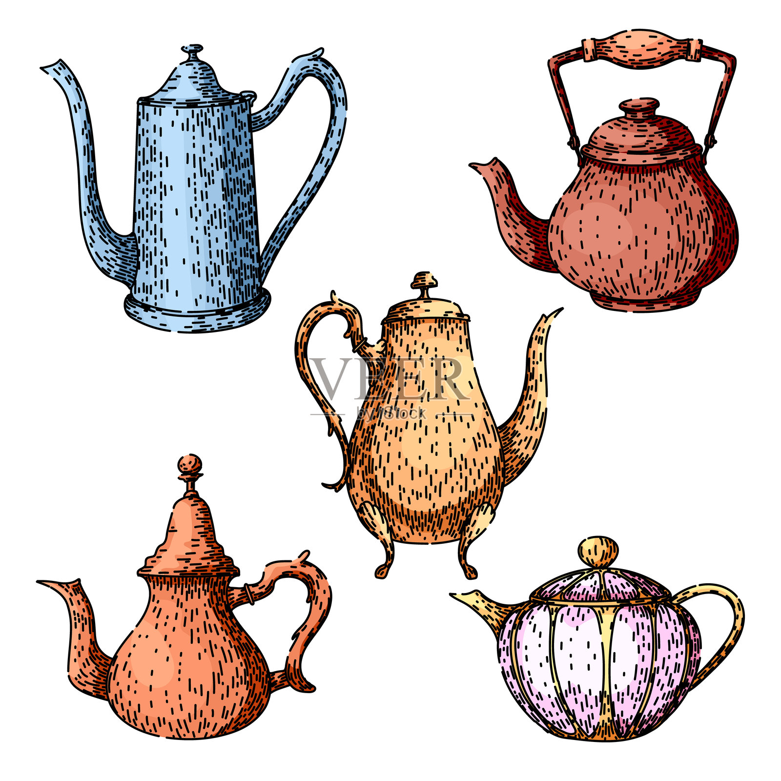 手绘茶壶套装草图矢量图插画图片素材