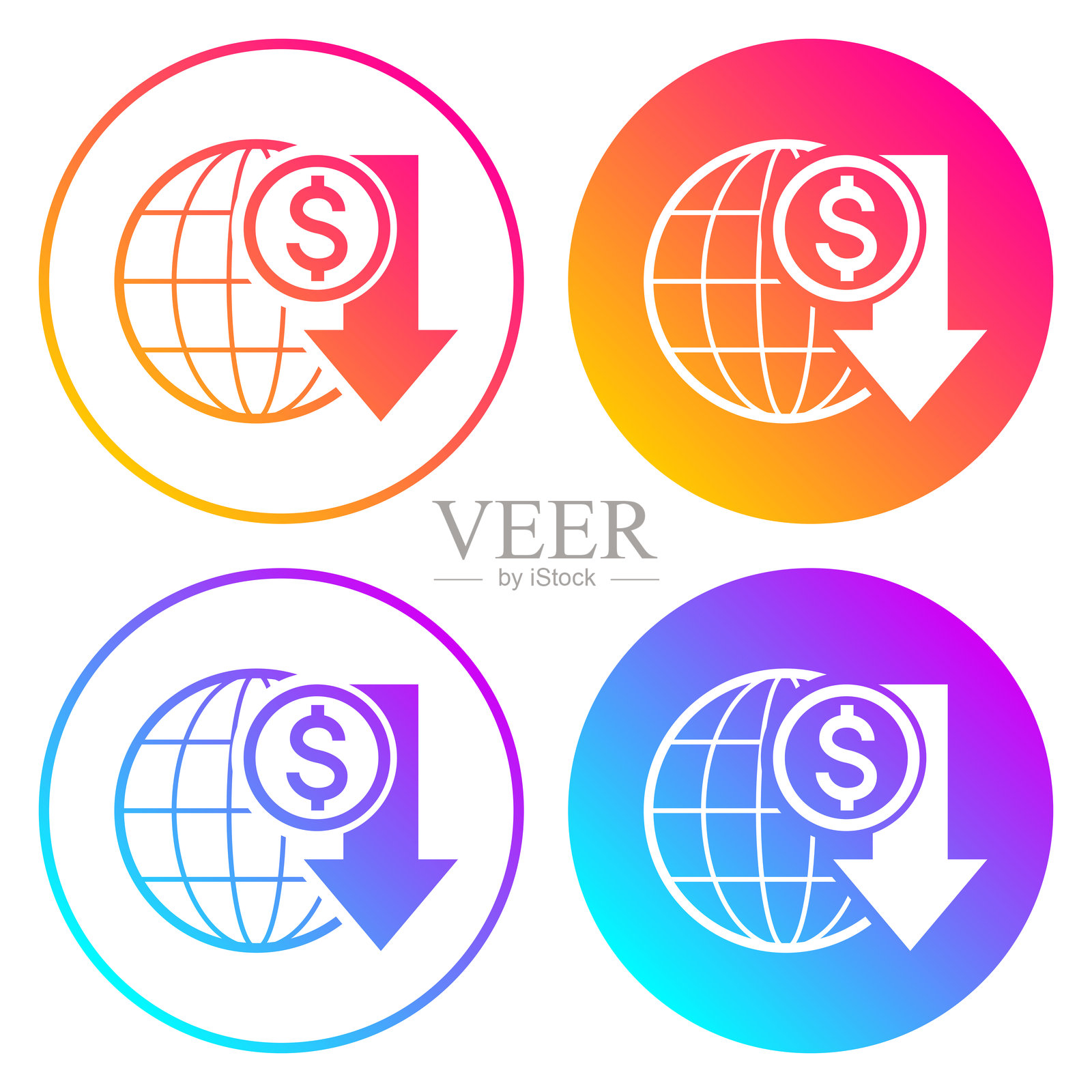 美元汇率下降。带有颜色渐变的圆形图标插画图片素材