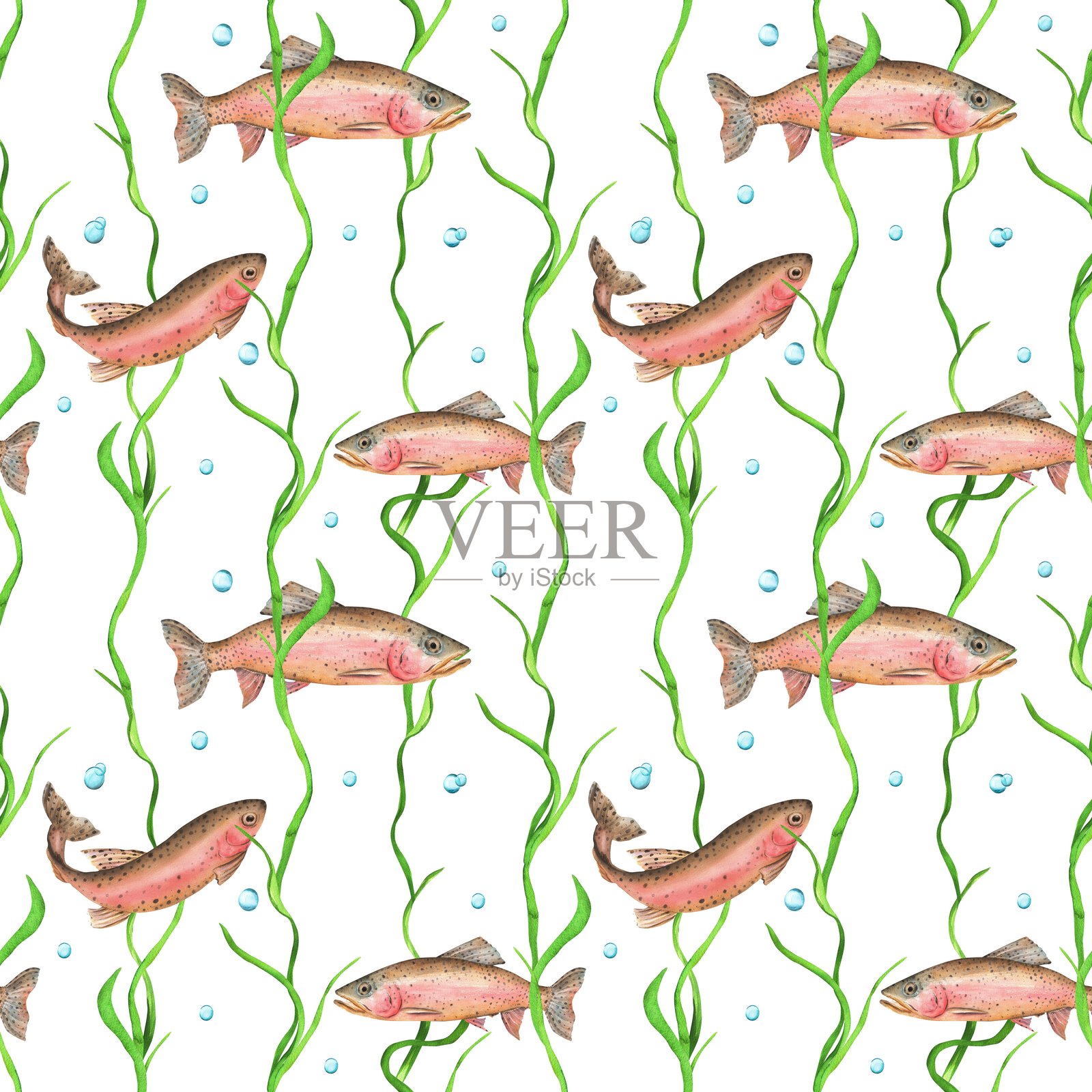 无缝图案,包含彩虹鳟鱼、水泡和海藻。水下场景。手绘水彩风格。插画图片素材