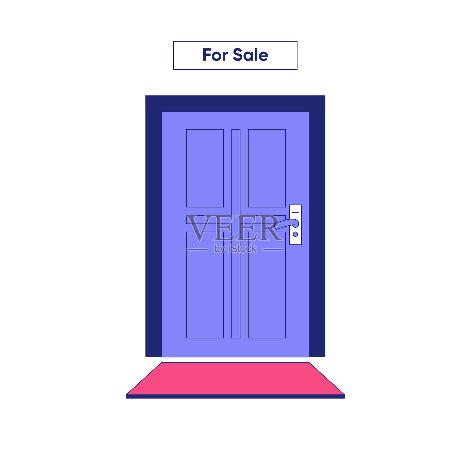 带有出售标志的门,扁平矢量插图,象征着房地产销售、房地产交易和房屋拥有权,背景为白色。插画图片素材