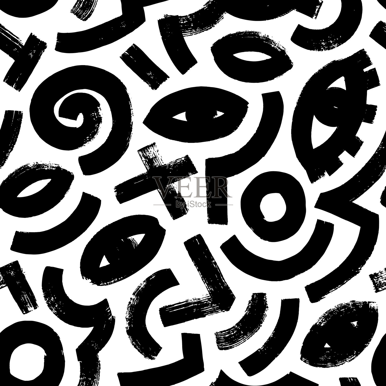 有趣的基本形状,随机的儿童涂鸦无缝图案。波浪状的笔触,粗大的眼睛和十字架。几何无缝图案,带有粗糙的线条。矢量杂乱涂鸦形状背景。插画图片素材