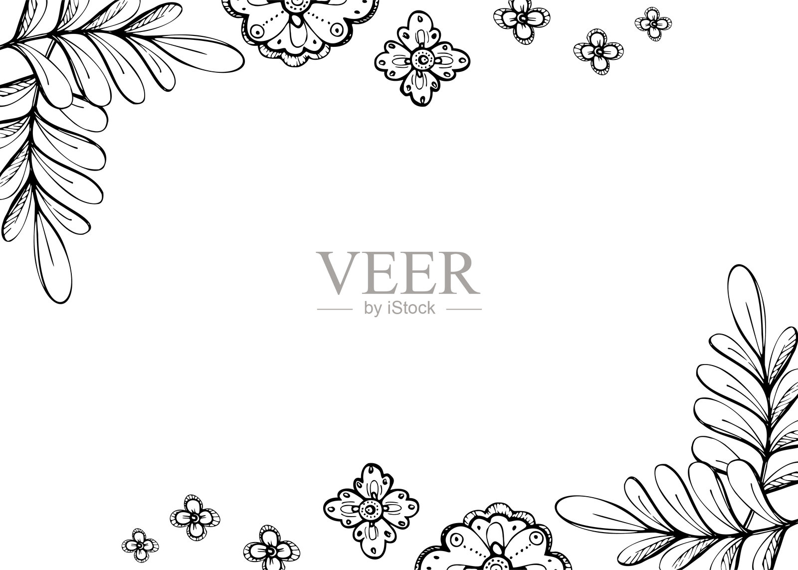 花卉蕾丝刺绣,异域兰花与玫瑰,传统花卉与叶子,民俗民族风格。手绘墨水矢量插图。白色背景上的横向框架。设计旅行、度假宣传册。插画图片素材