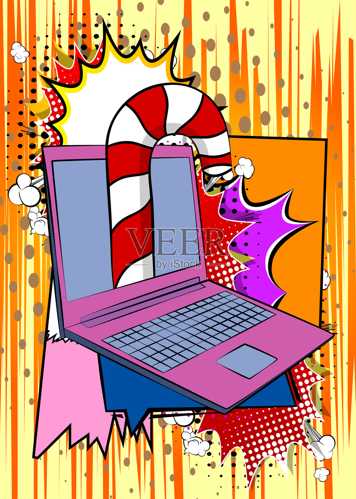 卡通笔记本电脑,漫画书笔记本与拐杖糖。复古矢量漫画流行艺术设计。插画图片素材