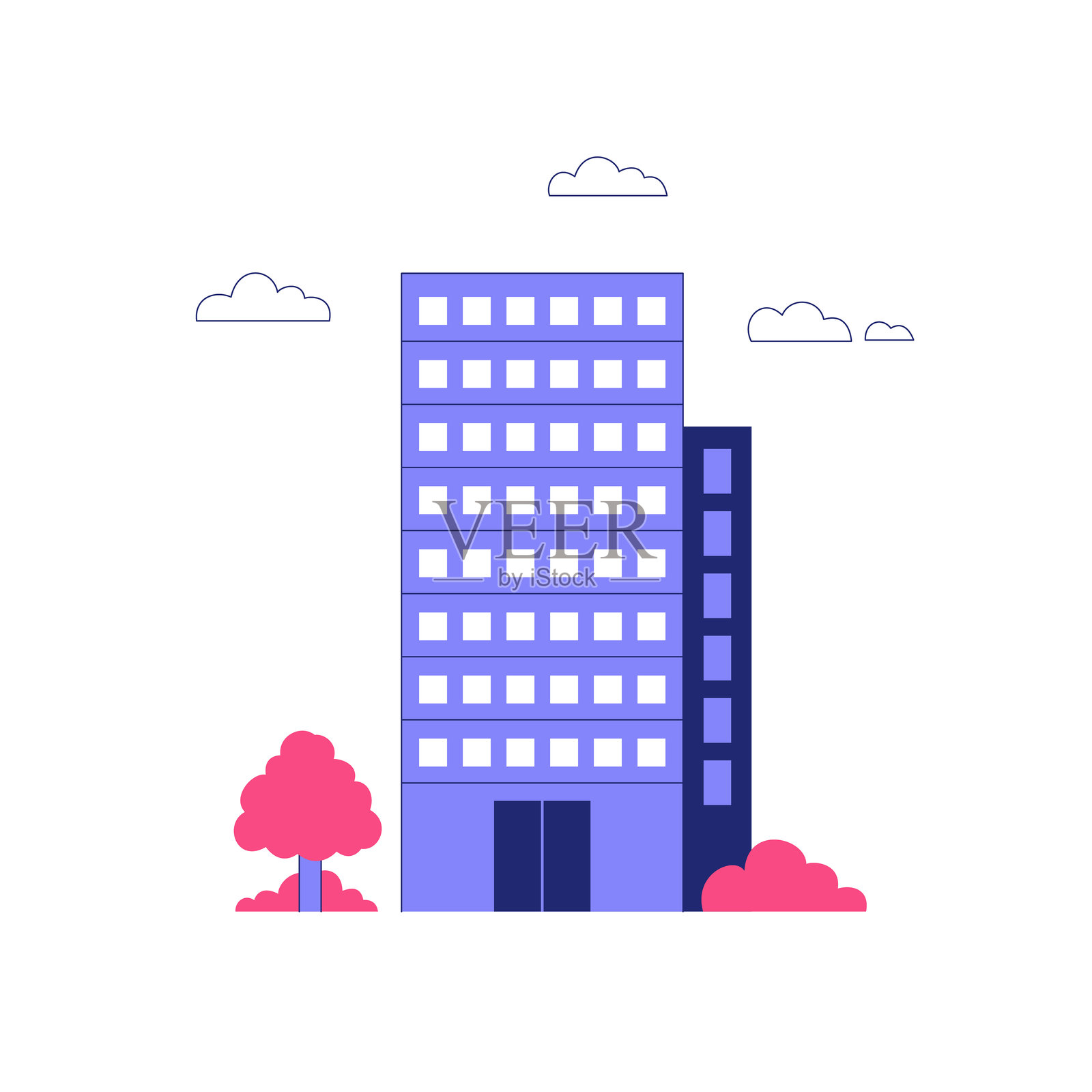 高层建筑与树木的扁平矢量插图,象征城市生活、房地产开发和城市建筑,背景为白色。插画图片素材