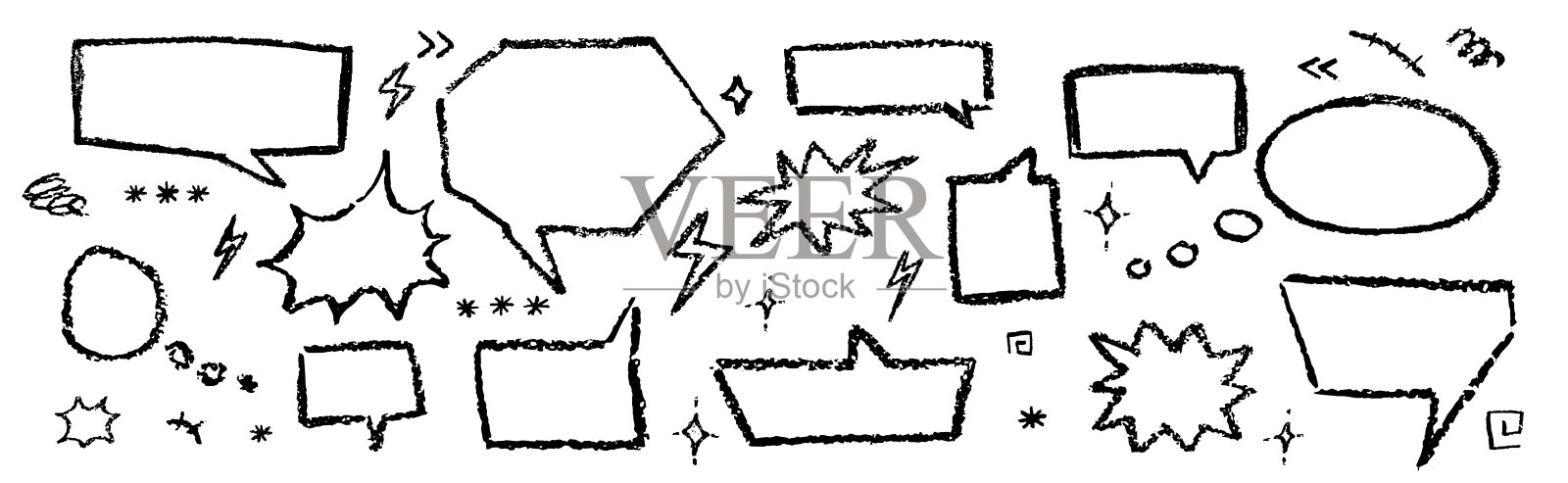 演讲气泡蜡笔套装。手绘粉笔元素的集合。可爱的儿童黑色对话框在白色背景上。矢量粉彩手写漫画文本云朵,涂鸦风格。磨砂纹理。插画图片素材