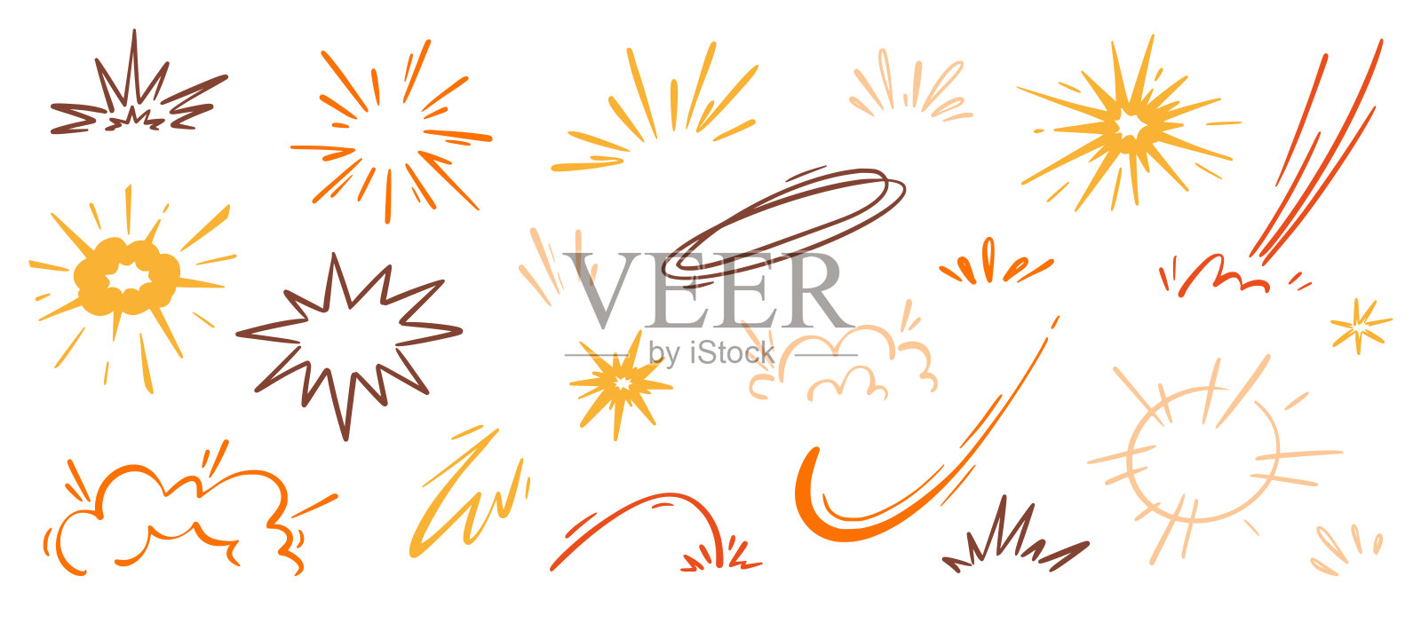 漫画卡通爆炸速度效果,爆炸运动线元素集。漫画爆炸,爆炸烟雾,线条速度卡通矢量图标。手绘涂鸦动作效果。矢量插画图片素材