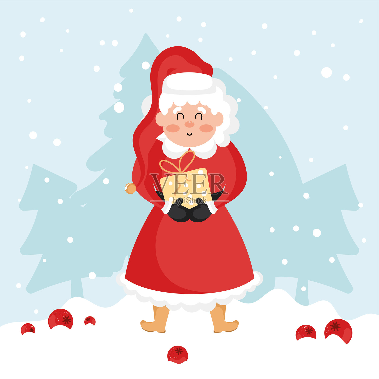 克劳斯夫人手持黄色包装的礼物盒,矢量图插画图片素材