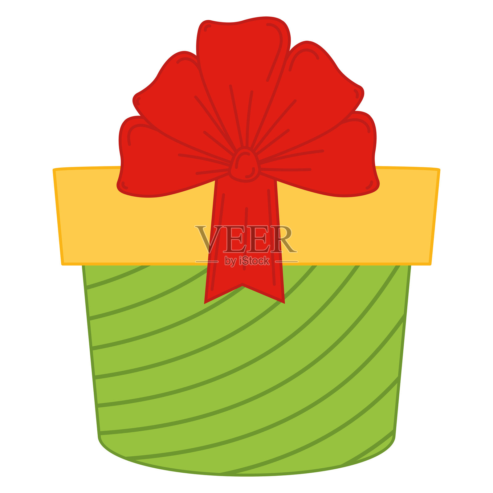 绿色圆形礼品盒,带红色蝴蝶结和黄色盖子,矢量图插画图片素材