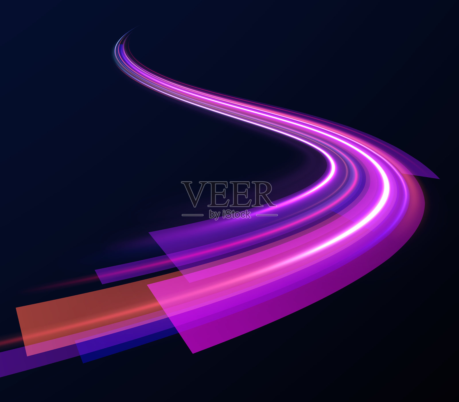 霓虹色的光弧,呈现出转弯和锯齿形状。创意矢量插图,展示飞行的宇宙流星、行星体、彗星和火球,背景透明。插画图片素材