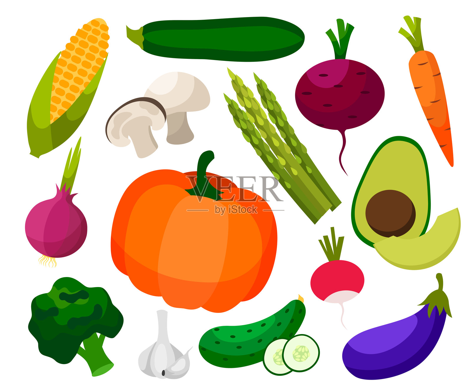 新鲜健康蔬菜的组合,孤立展示。蔬菜切片。扁平设计。有机农场插图。健康生活方式矢量设计元素。插画图片素材