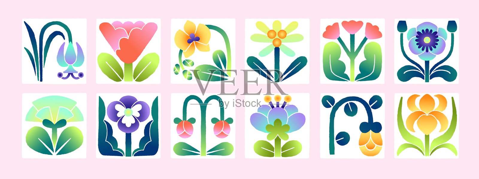 抽象花卉图案的卡片组合。渐变风格的时尚花卉图标拼贴。现代装饰包含野花、风格化的盛开植物和几何形状的叶子。平面矢量插图。插画图片素材